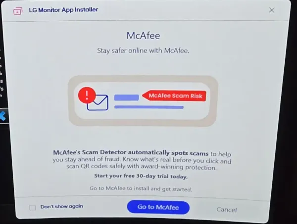 LGモニターが無断でマカフィー広告を表示、Windowsの仕組みを悪用